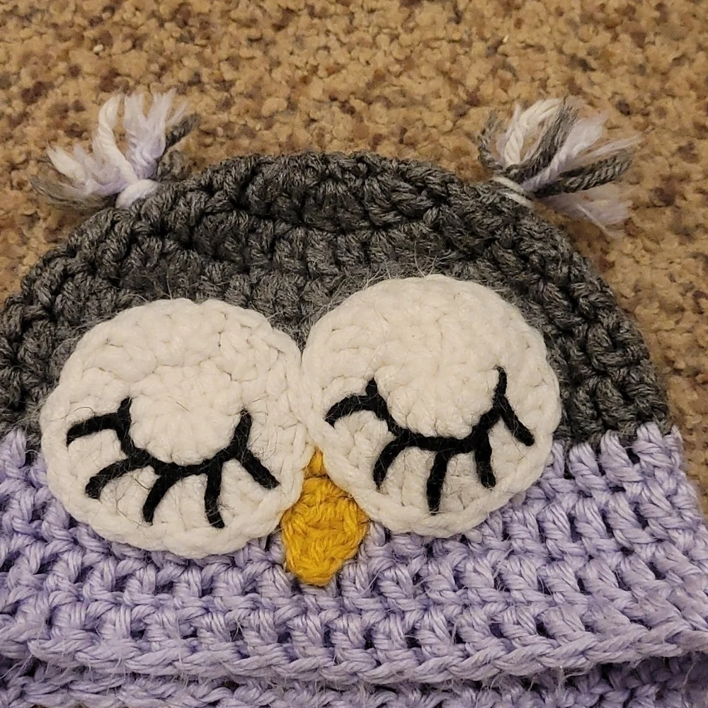 Hand- knit owl purple/gray winter hat